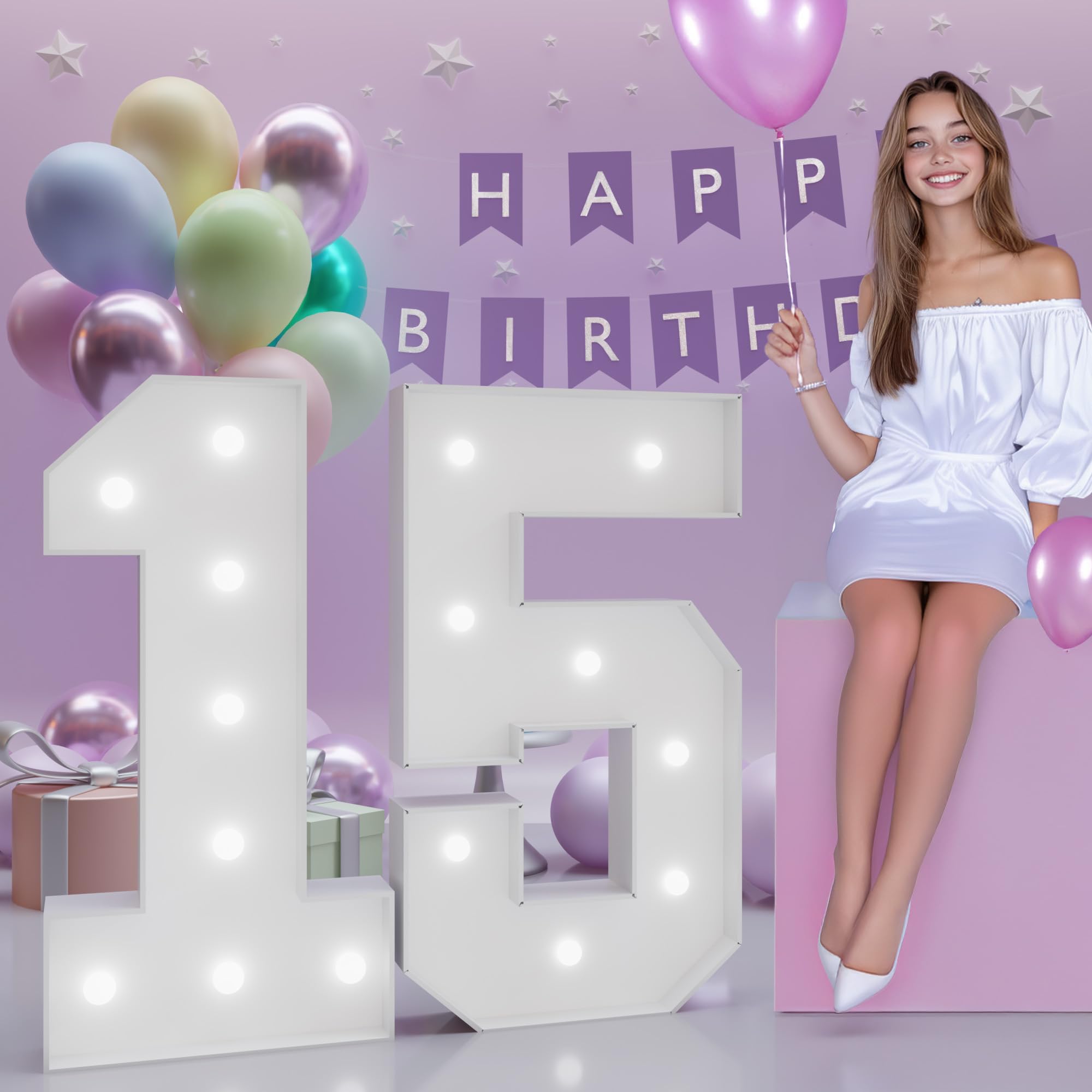Photo 1 of JoyMuse 3FT Light Up Numbers 15, 15th Birthday Decorations for Girls Boys Her Him, Marquee Numbers 3 Feet Tall Light Up Sign for Birthday Party Anniversary Decorations