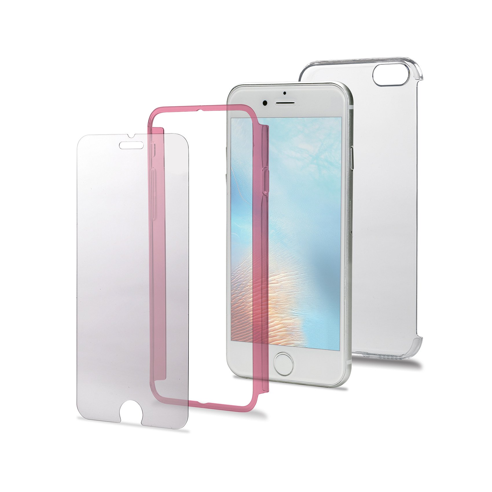 Celly Polycarbonate Total Body Protection Back/Front Cover with Display Tempered Glass 9H Hardness for iPhone 7 Plus - Pink
