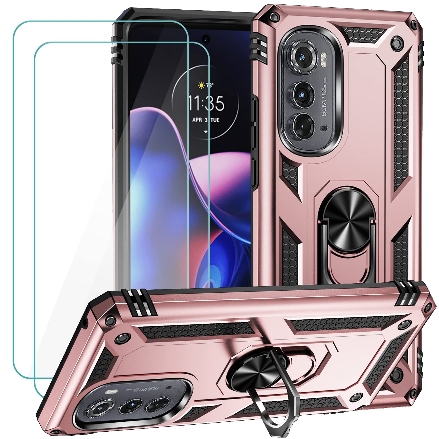 for Motorola Edge 2022 Case with 2 Pcs Tempered Glass Screen Protector, [Military Grade] 16ft. Drop Tested Protective Cover with Magnetic Kickstand Car Mount for Motorola Moto Edge 2022, Rose Gold
