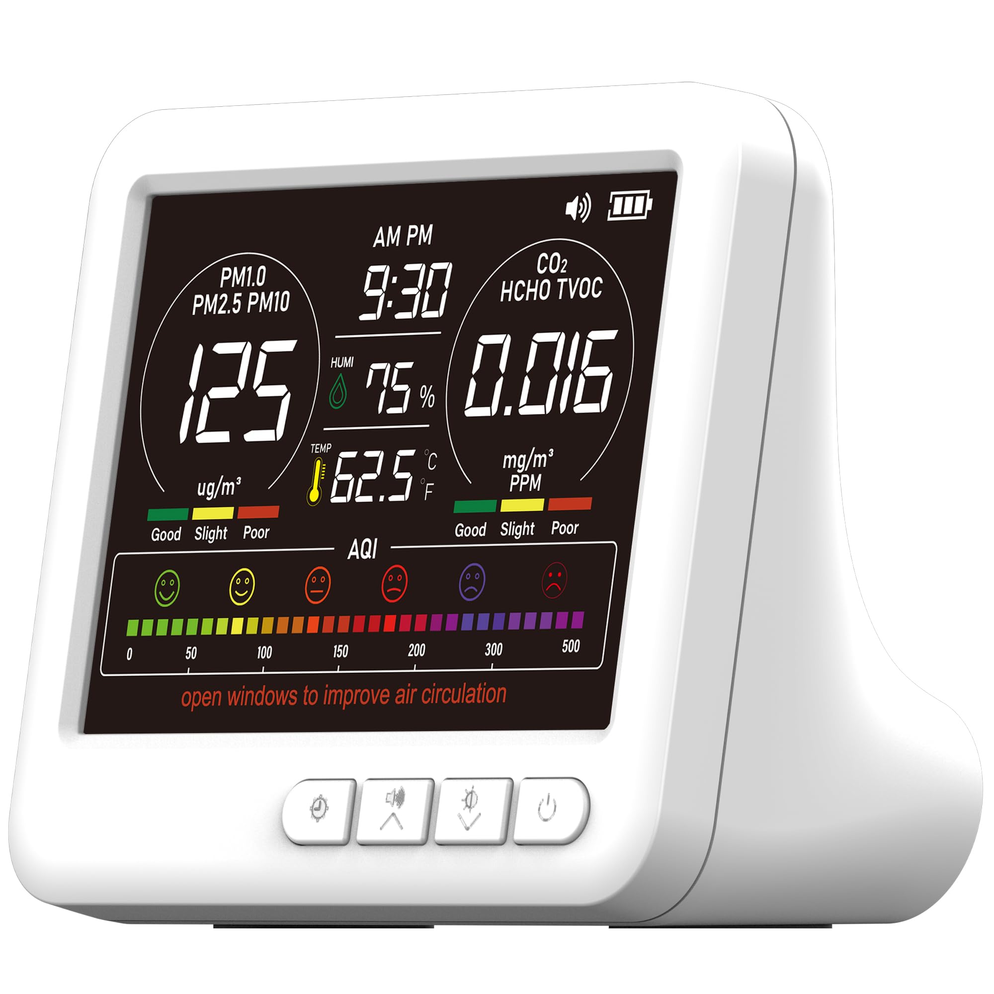 Photo 1 of Professional Indoor Air Quality Monitor with AQI Alarms, Portable Real-Time Detector for Home Cars Plants and Pets (White)
