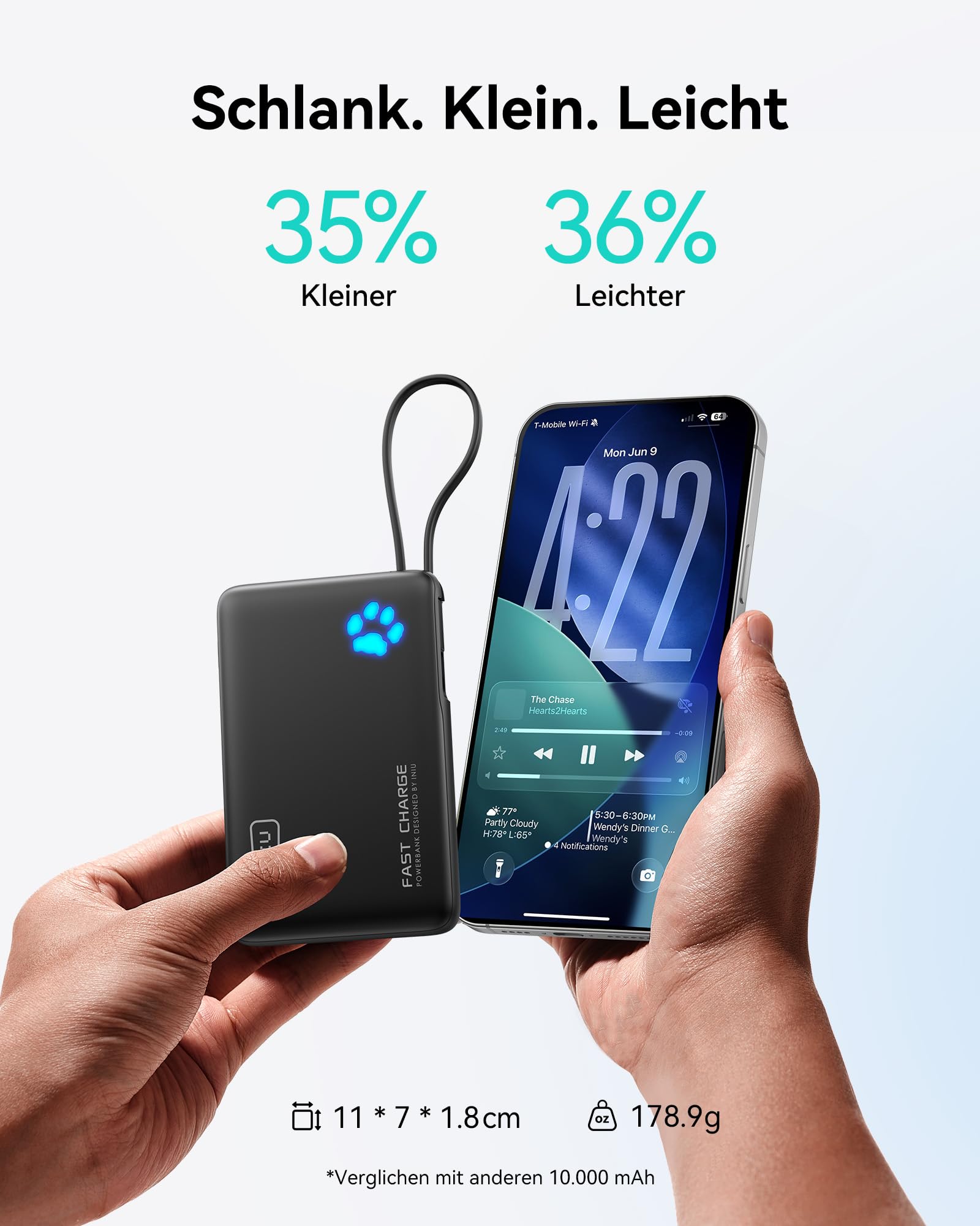 INIU Power Bank, 45W Schnellladen Mini Größe PowerBank, 10000mAh Externe Handyakkus mit Integriertem USB C Kabel, Flugzeug Geeignet, Reise Essential für iPhone 17 16 15 14, Xiaomi, Samsung, iPad, etc. 3