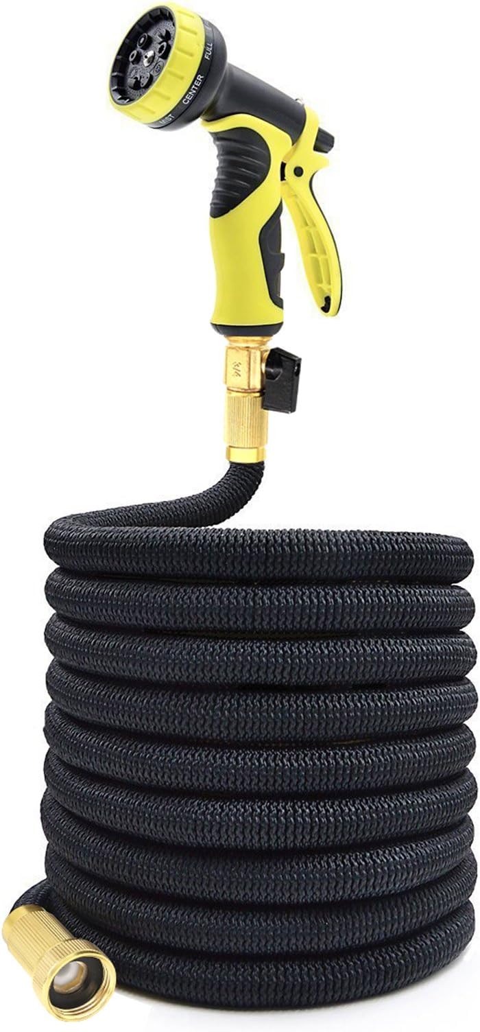 MpingT Hose 75 FT, Solid Brass Ends, Double Latex Core, Extra Strength Fabric, 9 Function Spray Nozzle and Shut-Off Valve(Black/Red) (75', Black)
