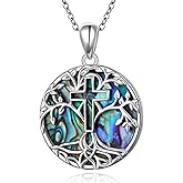 DAOCHONG Tree of Life Cross Necklace 925 Sterling Silver Abalone Shell Pendant Necklaces for Women Christian Religious Jewelry