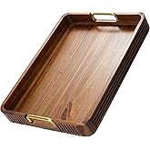 Acacia Wood Serving Tray with Metal Handles, 17x13in, Decorative Coffee Table Tray & Ottoman Tray, Anti-Slip Pads, Dark Wood Tray for Breakfast in Bed, Bar Tray, Gift Box