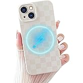 Yeddabox Compatible for iPhone 14 Case with Magsafe Checkered Checkerboard Magnetic Phone Case Full Camera Protection Soft TPU Shockproof Cover for Women Girls - White
