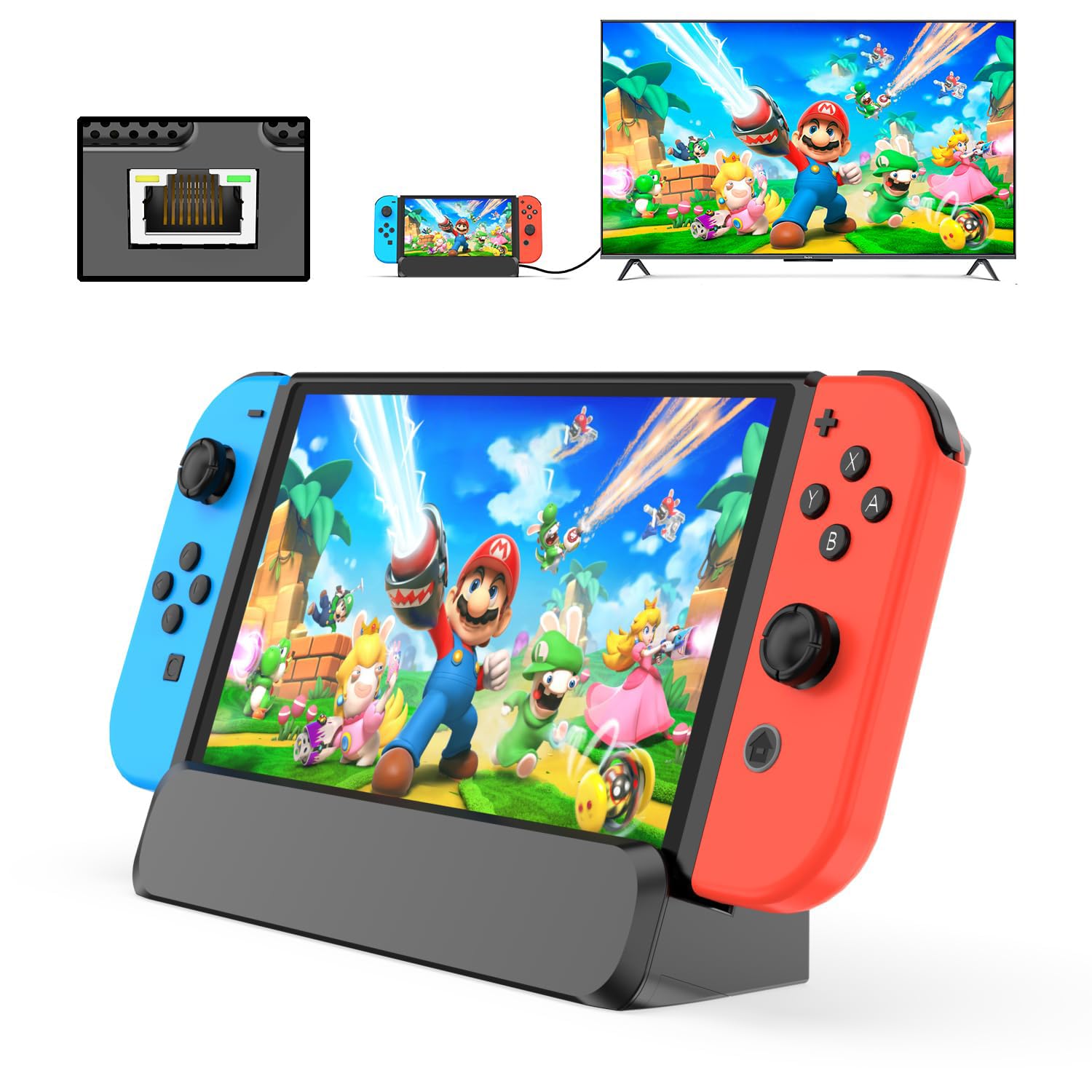 Photo 1 of 6 in 1 Dock Station for Nintendo Switch OLED TV Adapter Switch Docking Station with HDMI 1000 Mbit RJ45 Ethernet LAN 3 USB 2.0 Port Type C Charging USB C Connectors Travel Base Portable Stand