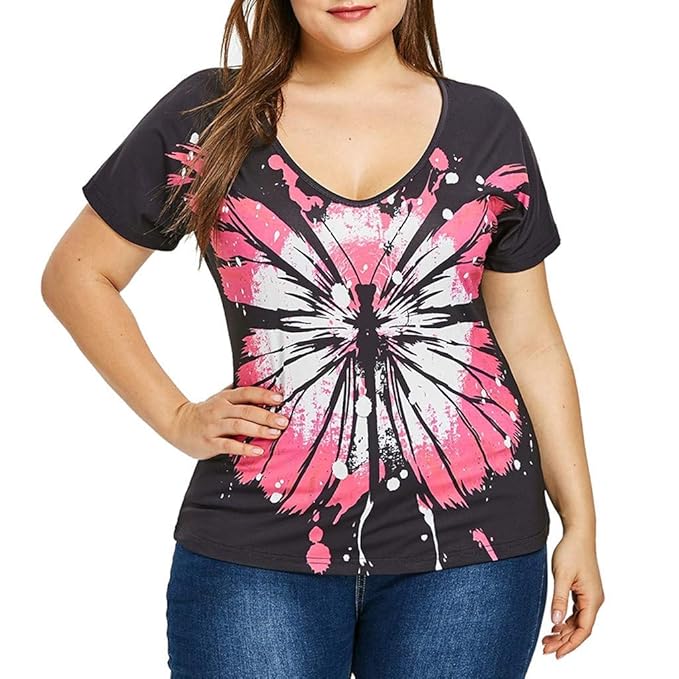 CixNy Damen T Shirts, beiläufige lose Tunika Tops Plus Size Butterfly Print Short Sleeve Kurzarm Blusen Weste Damen Vest Somm