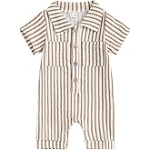 niceclould Baby Boy Vertical Striped Romper with Pockets One Piece Lapel Neck Short Sleeve Buttons Jumpsuit Spring Summer