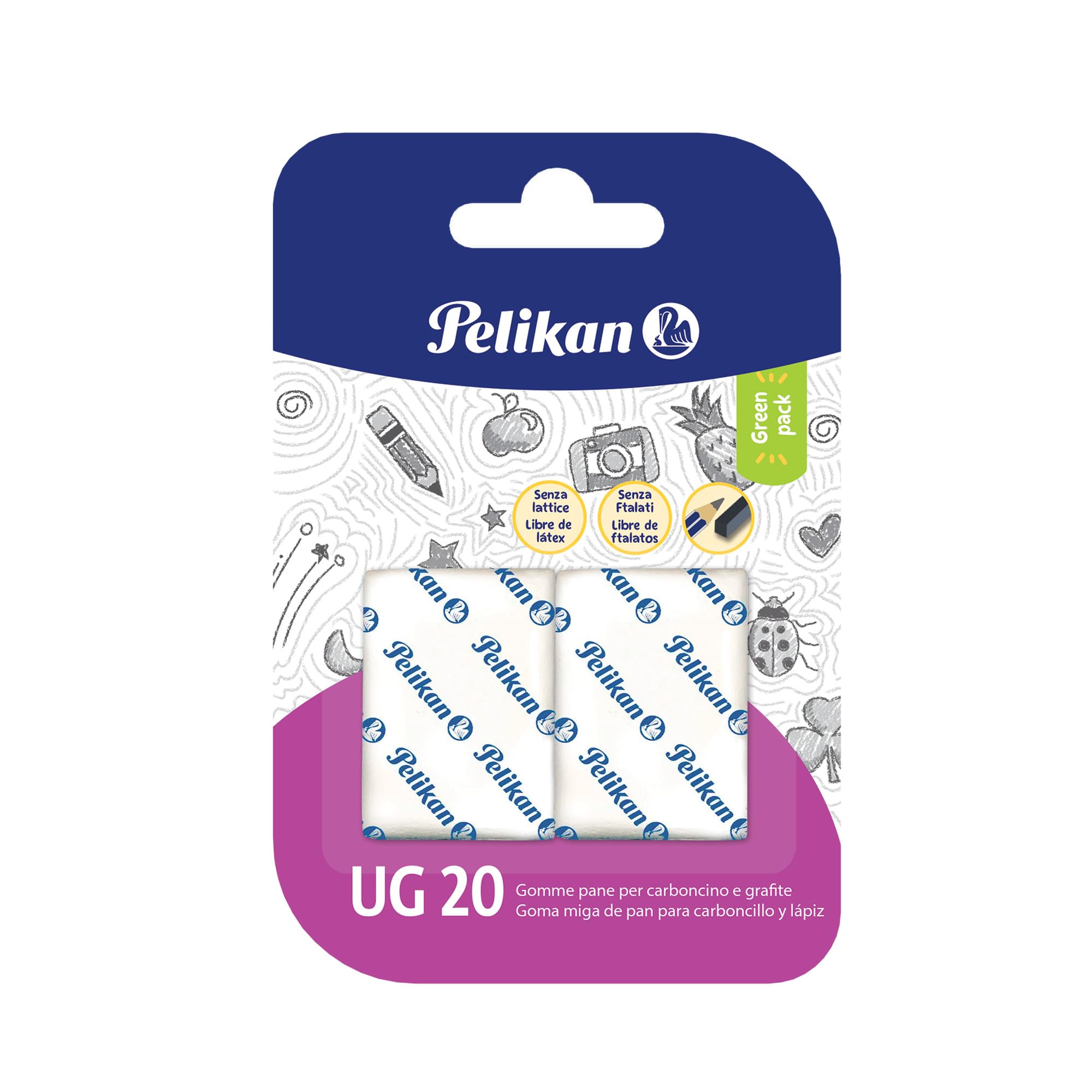 Pelikan Erasers UG 20, White, Pack of 2, for Charcoal and Graphite, Latex and Phthalate Free, Made in Germany