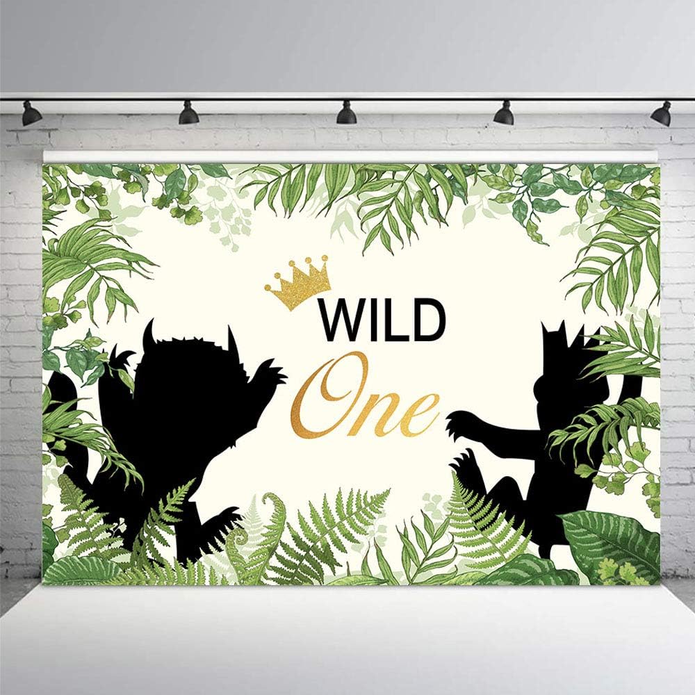 MEHOFOTO Wild One Themed 1st Birthday Party Backdrop Animals Photography Background Jungle Safari Green Leaves Baby Boy Photo Booth Banner Decorations 7x5ft - Image 3