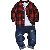Renotemy Toddler Boy Clothes Fall Winter Outfits 3Pcs Fashion Flannel Shirts Ripped Jeans Pants Kids Boys Clothing Sets