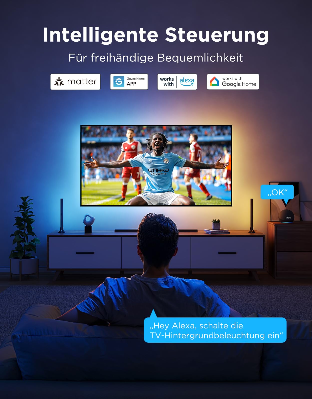 Govee TV LED Hintergrundbeleuchtung 2 Schneidbar für 32-70 Zoll TVs, RGBWIC 4,4m Streifen. 210+ Szenen, Matter-fähig, Musiksync, App-Steuerung, Alexa. Einfache DIY-Installation 6