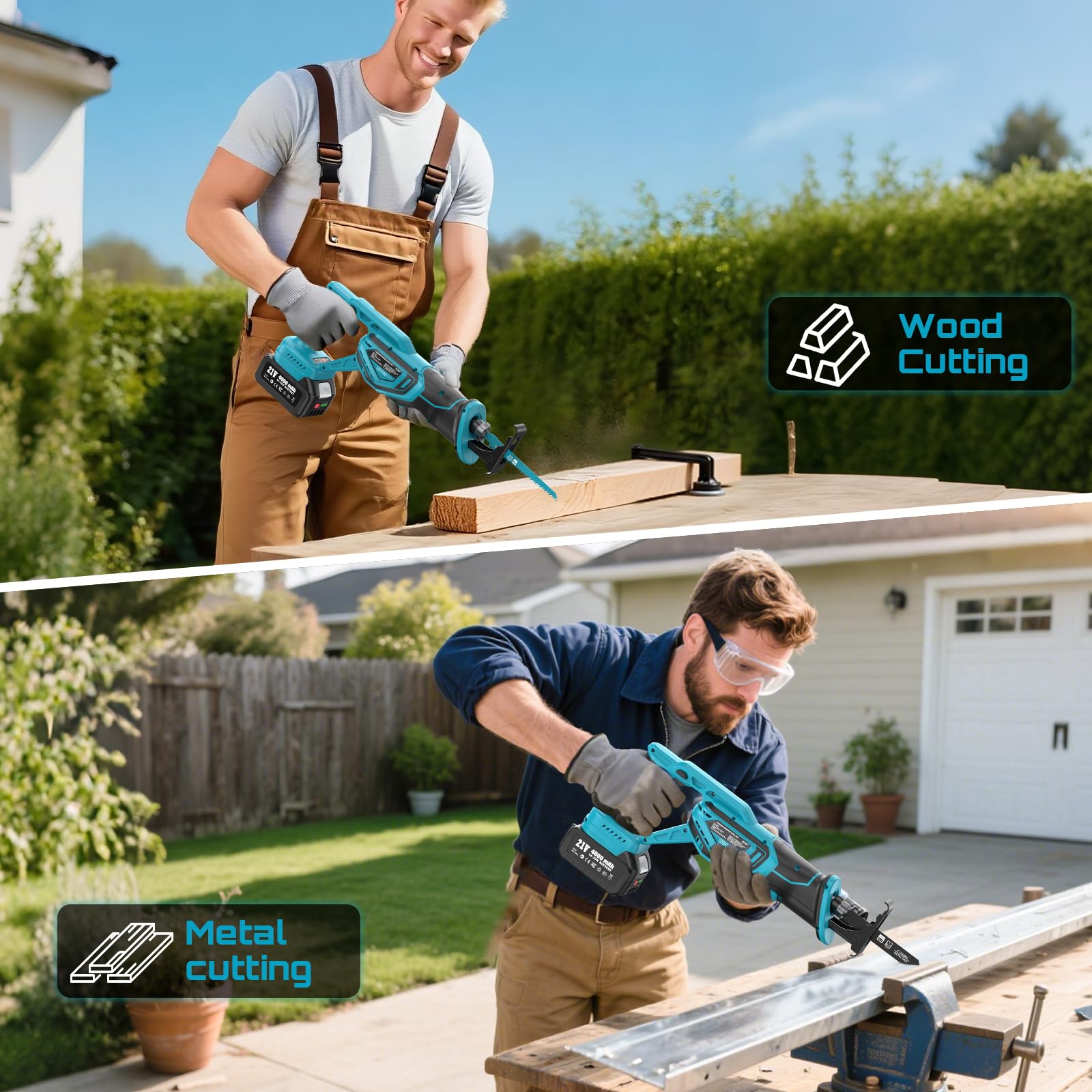 SEESII Akku Säbelsäge 21V, 3500 RPM Bürstenlosem Motor | 2x 4,0Ah Akkus & 8 Sägeblätter | Für Holz, Metall, PVC | Säbelsäge für Baustelle & Garten 6