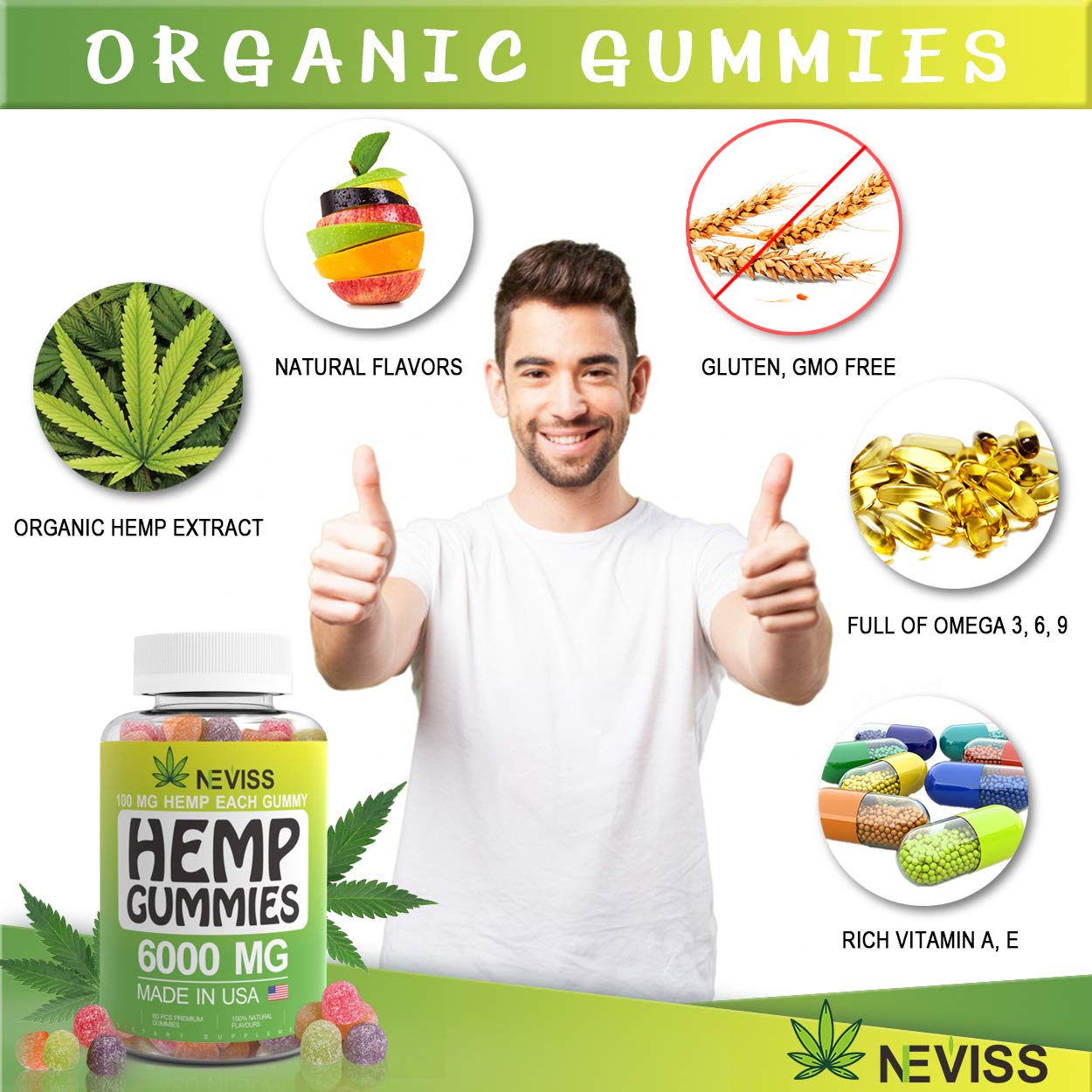 Omega 3, 6 & 9 Gummies 6000 MG - Natural Premium Herbal Extract - Omega Organic Gummies - Relaxing, Pain Relief, Stress & Anxiety Relief - Made in USA