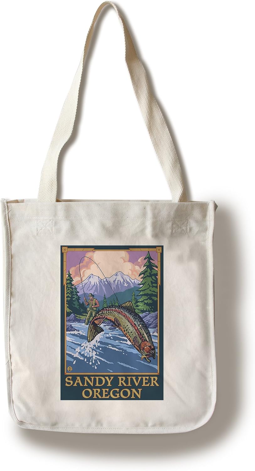 Amazon Com Lantern Press Sandy River Oregon Angler Fly Fishing Scene Leaping Trout 100 Cotton Tote Bag Reusable Wall Art
