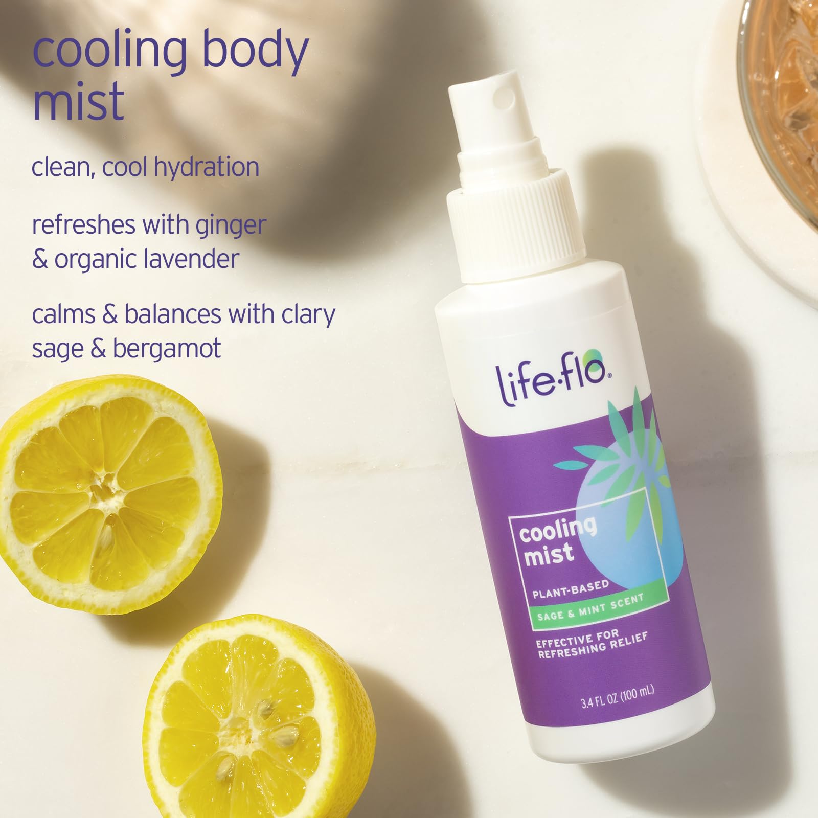 LIFE-FLO Cooling Mist, Refreshing Body Mist for Women, Instantly Cools Hot Flashes with Ginger, Organic Aloe Vera and Lavender, Fresh Sage Mint Scent, 60-Day Guarantee, Not Tested on Animals, 3.4oz
