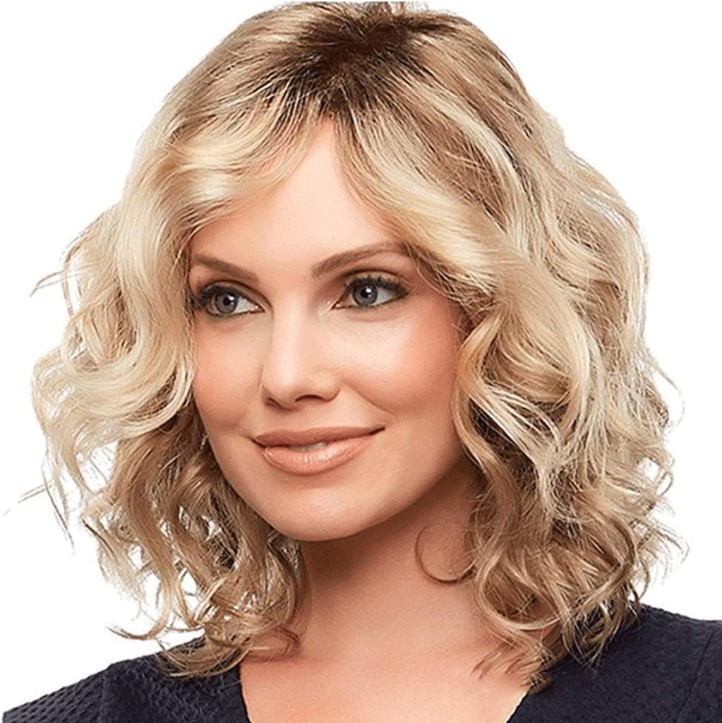 Women's Wigs Blonde Medium Length Wavy Hair Synthetic Hair Wigs With Bangs (color : Blond)