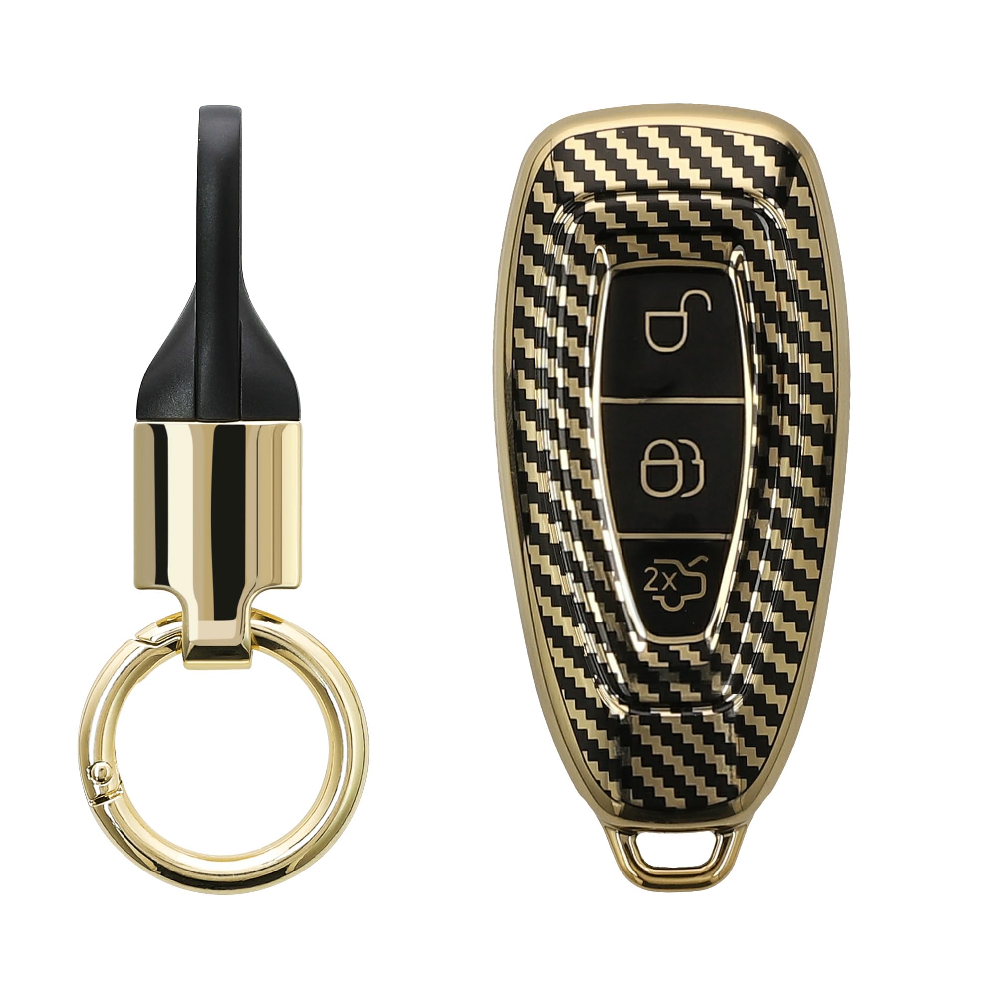 kwmobile Key Case Compatible with Ford 3 Button Car Key Keyless Go Key Fob Cover - Metallic Carbon Fiber Gold/Black