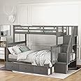 SOFTSEA Solid Wood Bunk Bed with Drawers and Staircase, Twin Over Full Gray Bunk Beds with 4 Storages and Full- Length Guard Rail for Kids and Teenagers, No Box Spring Needed (Gray)
