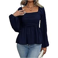 Umenlele Women's Long Sleeve Square Neck Shirred Ruched Ruffle