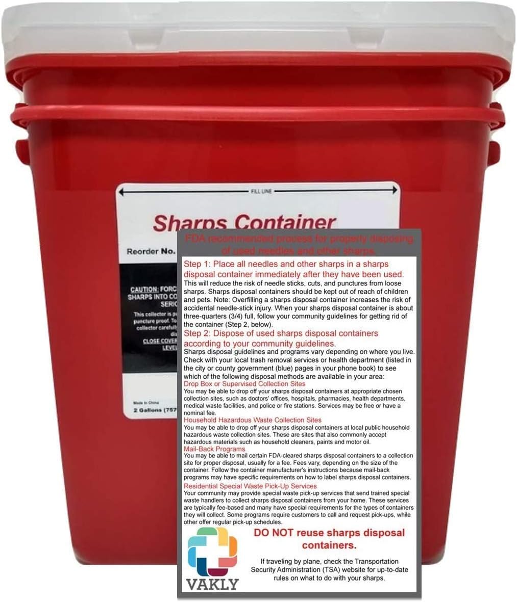 Sharps Container 2 Gallon - Plus Vakly Biohazard Disposal Guide (1 Pack): Health & Personal Care