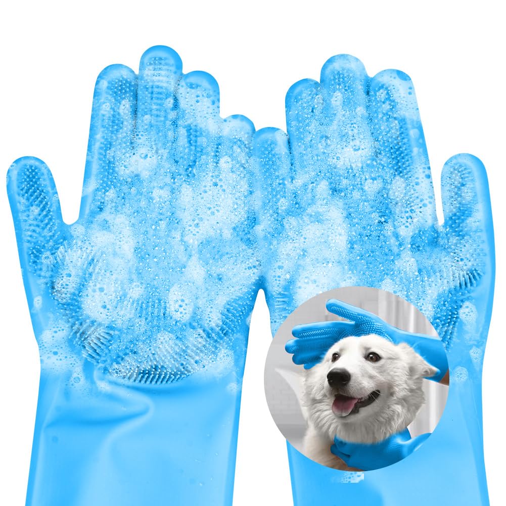 AMFUN Dog Washing and Bathing Gloves, Silicone Cleaning Multifunction Anti-Slip Massaging Gloves for Dogs and Cats, Blue
