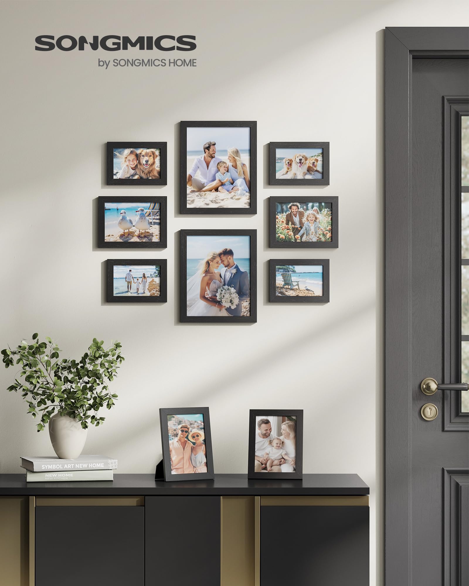 SONGMICS Bilderrahmen 10er Set, für 2 Fotos in 20 x 25 cm, 4 Fotos in 13 x 18 cm, 4 Fotos in 10 x 15 cm, Kunststoffscheibe, MDF, tintenschwarz RPF310H 2