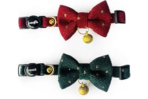 Cognatio Safety Quick Release Cat Collars, Soft Kitten Collars with Detachable Bow Tie and Bell, Pack of 2, Adjustable 20-30 cm (20-30cm, Wine Red+Xmas Green)