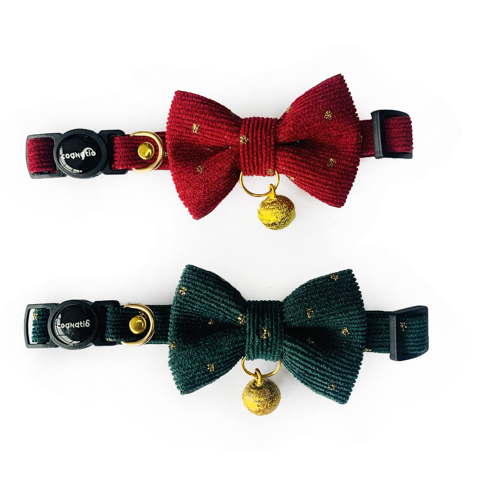 Cognatio Safety Quick Release Cat Collars, Soft Kitten Collars with Detachable Bow Tie and Bell, Pack of 2, Adjustable 20-30 cm (20-30 cm, Wine Red+Xmas Green)