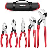 ARROW 5PCS Pliers Set, Portable Rolling Bag With Handle | 6" Slip Joint, 7" Diagonal, 8" Needle Nose Pliers, 8"&amp;10" Groove Joint with Non-slip Handle, Premium Carbon Steel
