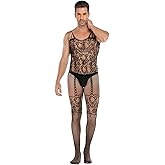 SINROYEE Men's Sheer Lace Lingerie Sissy clothes Sexy Tight Cut Out Elastic Nightgown One-piece Bodysuit
