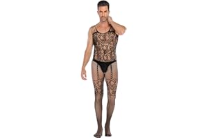 SINROYEE Men's Sheer Lace Lingerie Sissy clothes Sexy Tight Cut Out Elastic Nightgown One-piece Bodysuit