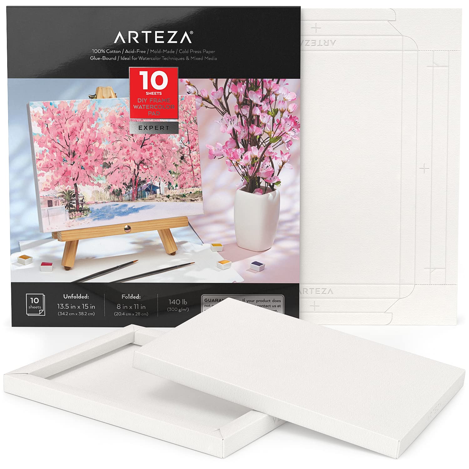 Arteza Watercolour Paper Pad, 20.4 x 28 cm, 10 Sheets, 100% Cotton, 300 GSM, Foldable DIY Canvas for Watercolour Pencils, Brush Pens, and Mixed Media