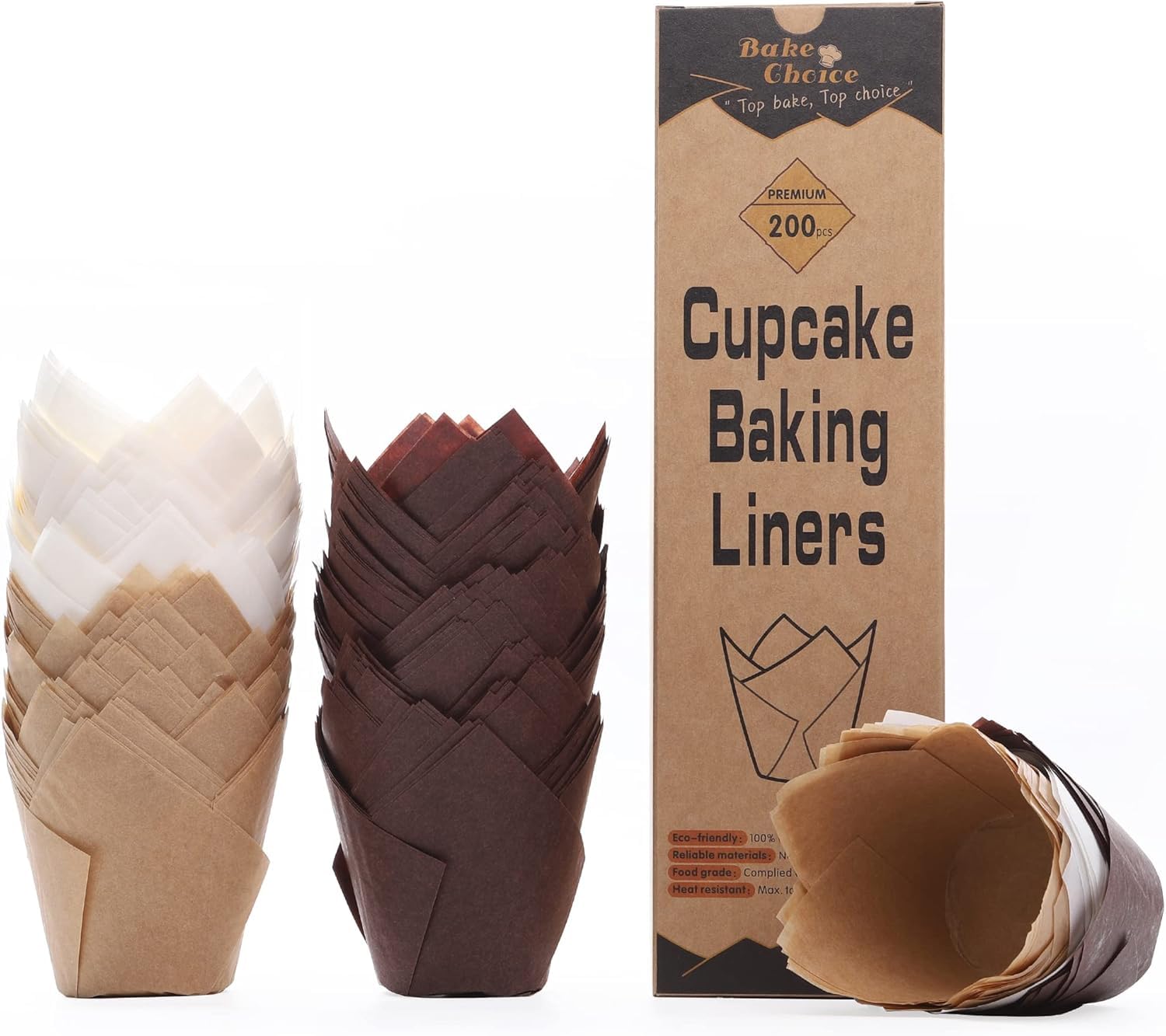 Bake Choice Nordic Paper 200pcs Tulip Muffin Cases for Baking Cups, EU Parchment Paper Standard Size Tulip Cupcake Cases, Cupcake Wrapper, Brown, White, Unbleached Natural for Party, Christmas