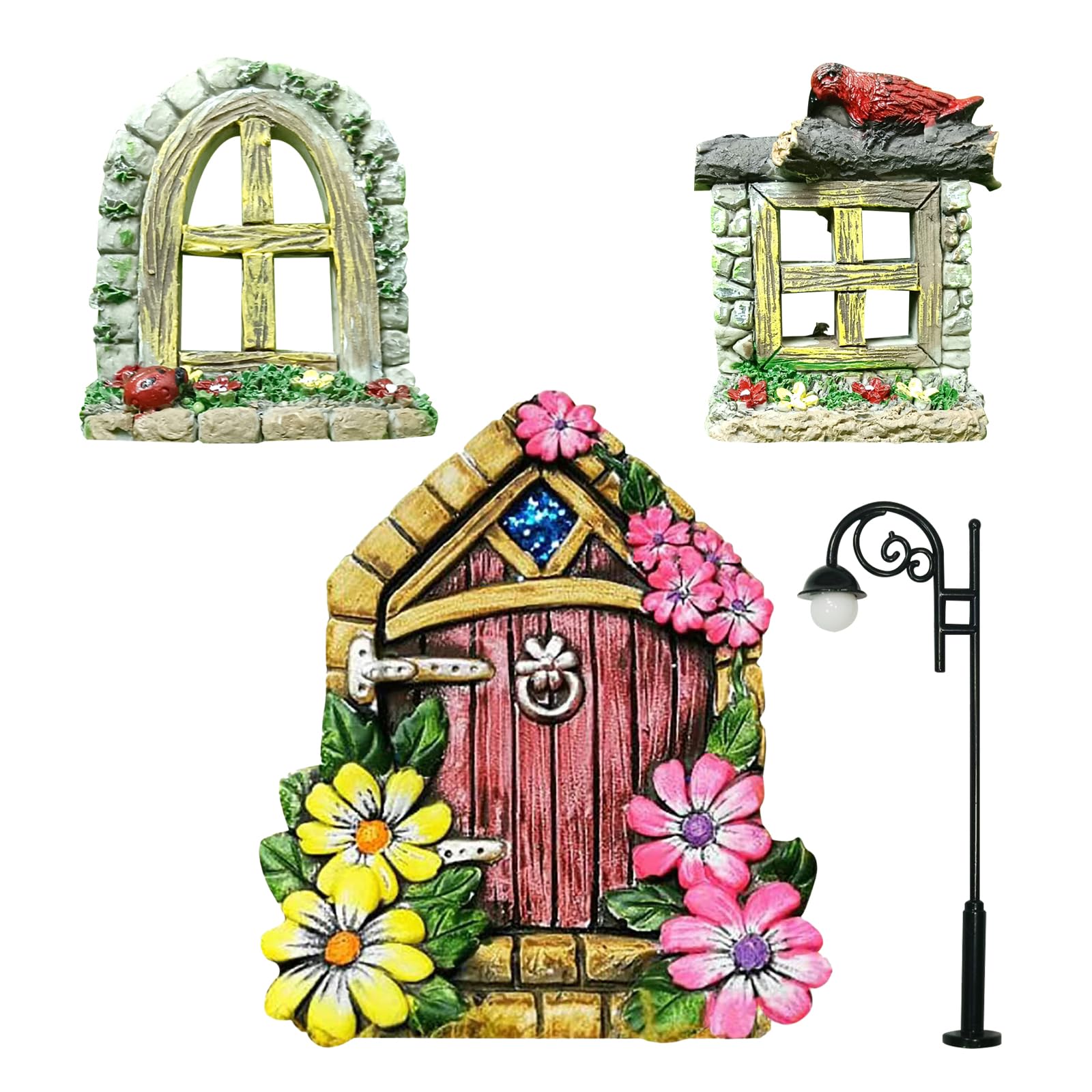 BSITSSS Fairy Door Window and Outdoor Light, Fairy Doors for Garden Trees, Miniature Fairy Gnome Home Window Door, Miniature Fairy Garden Outside Decor Accessories fit for Tree Statues Tree Yard