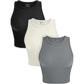 OLCHEE Womens 3 Pack Crop Tank Tops Basic Seamless Ribbed Round High Neck Racerback Workout Top Summer Causal Yoga Gym Shirts