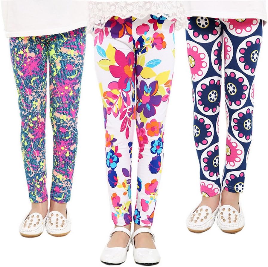 FIOKASO Girls Leggings, 3 Packs Toddler Girls Pants Great Stretch Printing Flower for Kids