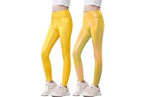 Kirinkylin Girls Metallic Leggings High Waisted Sparkly Yoga Pants Shiny Running Dance Tights for Kids Youth Teen, 2 Pack