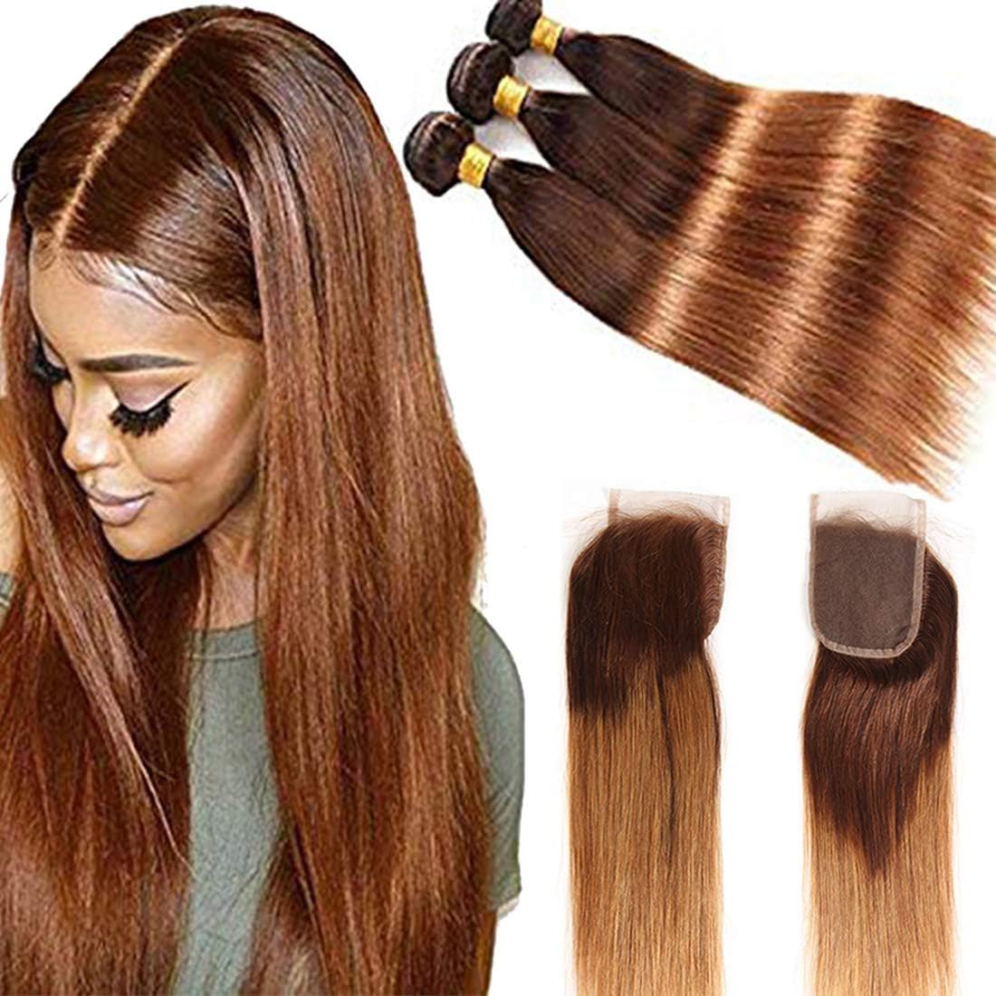 Big Sale ELEE'S HAIR Ombre Brazilian Hair Straight Human Hair Bundles with 4×4 Lace Closure Free Part 3 Tone Remy Hair Bundles with Closure T4/30(14 16 18+12)