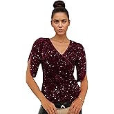 SEVOBA PROM Womens Sequin Tops 3/4 Sleeve Sparkly Tops V Neck Velvet Sequin Shirt Concert Party Club Glitter Top