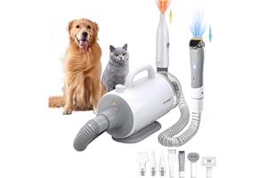 IKIMI Dog Grooming Vacuum & Blow Dryer - 16000Pa Hair Suction, Dog Clipper, High Velocity Dog Blower with Heater, 8 Pet Grooming Vacuum kit, Gray