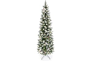 Prelit Artificial Pencil Christmas Tree, Snow Flocked Skinny Trees with Pine Cone Decoration 6FT