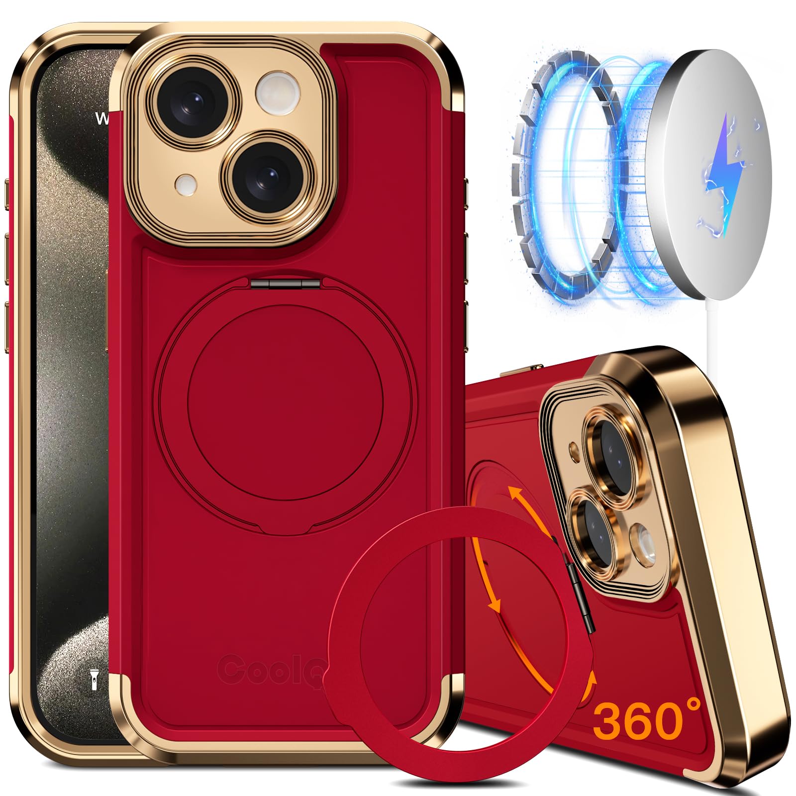 Photo 1 of COOLQO for iPhone 15 Plus Case 6.7'' Upgraded 360° Spin Magnetic Stand [Compatible with Magsafe][Military Protection] Shockproof Protective Phone Holder Cover for iPhone 15 Plus, Red Gold