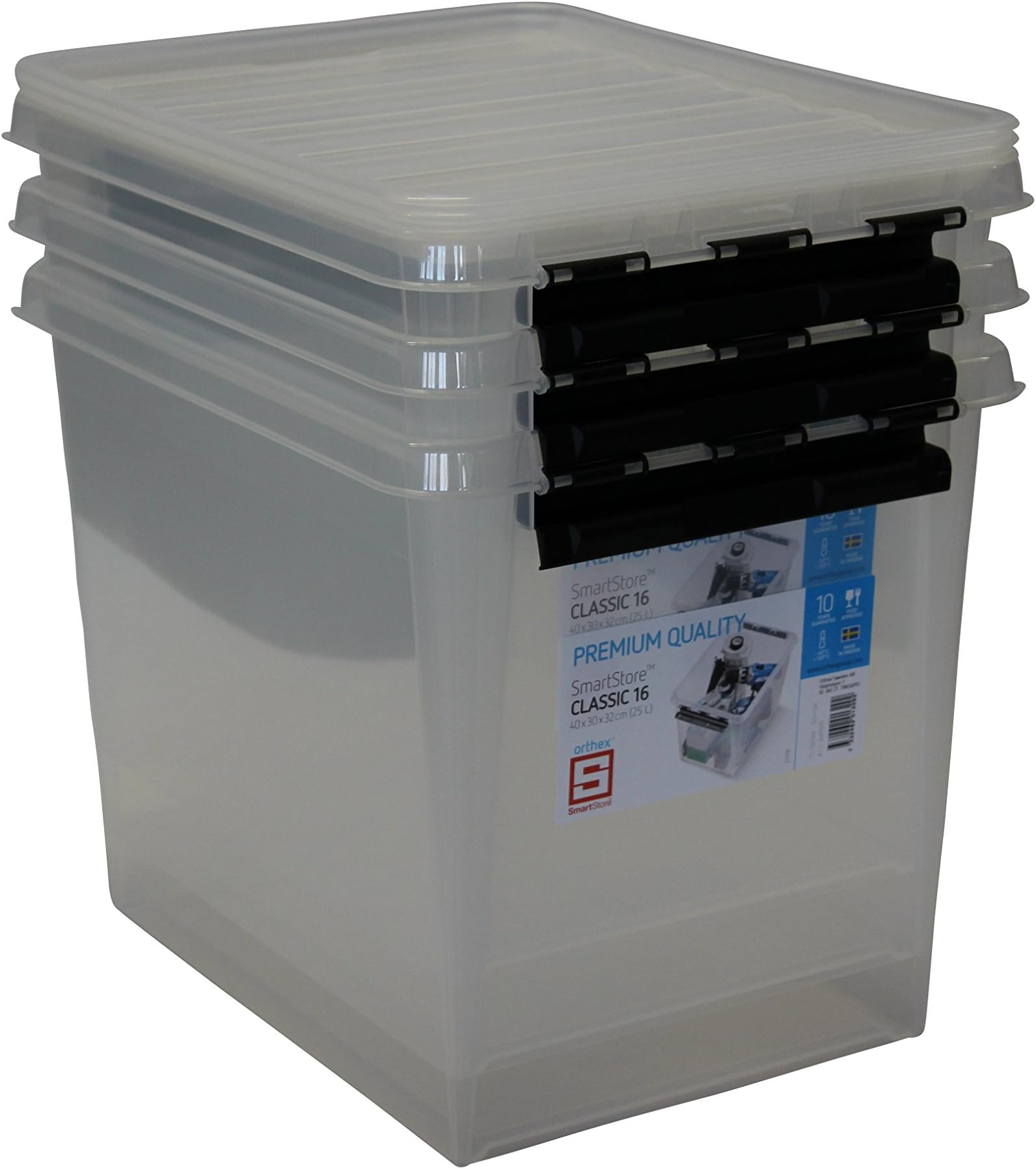 Orthex 34930703 Set of 3 Clip Smart Store Classic 16 Clear Plastic Storage Box 40 x 30 x 32cm