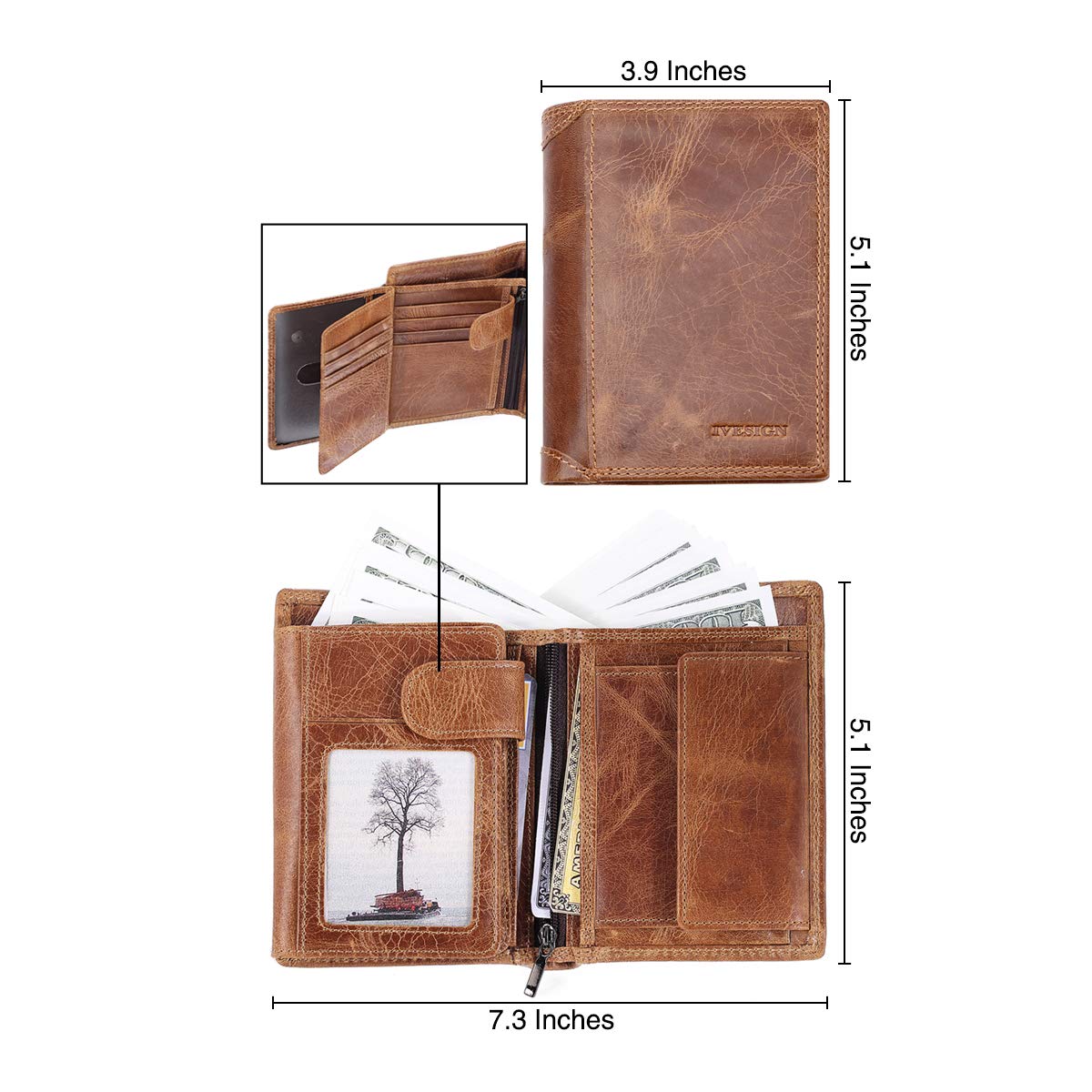IVESIGN Bifold Travel Wallet RFID Blocking Genuine Leather Credit Card Holder