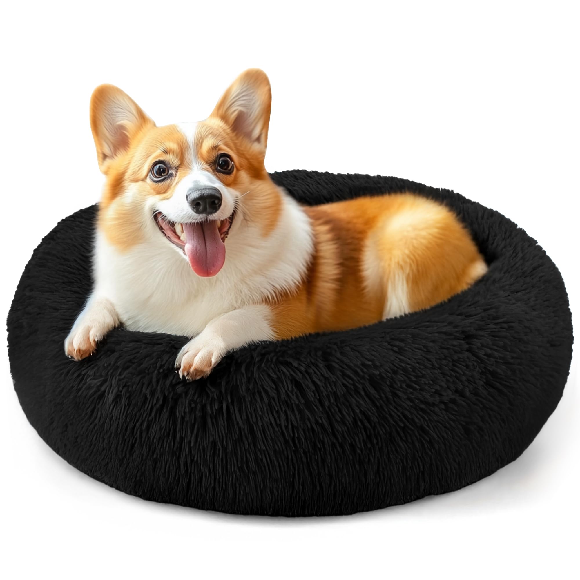 Photo 1 of 28in Large Dog Bed, Medium Size Dog and Cats, Calming Donut Bed for Puppy and Kitten, Washable Round Fluffy Pet Bed (Black)