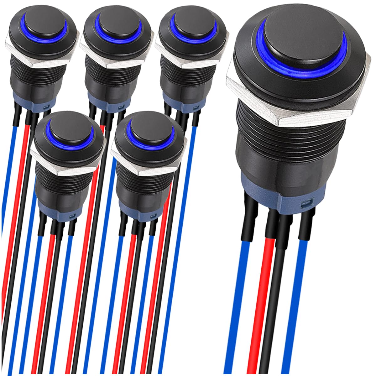 MKBKLLJY 6Pcs 12mm Latching led Push Button Switch Black Shell with pre-Wiring, IP65 Waterproof Push Button Switch,1NO 2 Normally,Self-Locking with Blue LED for Auto Car Marine Boat