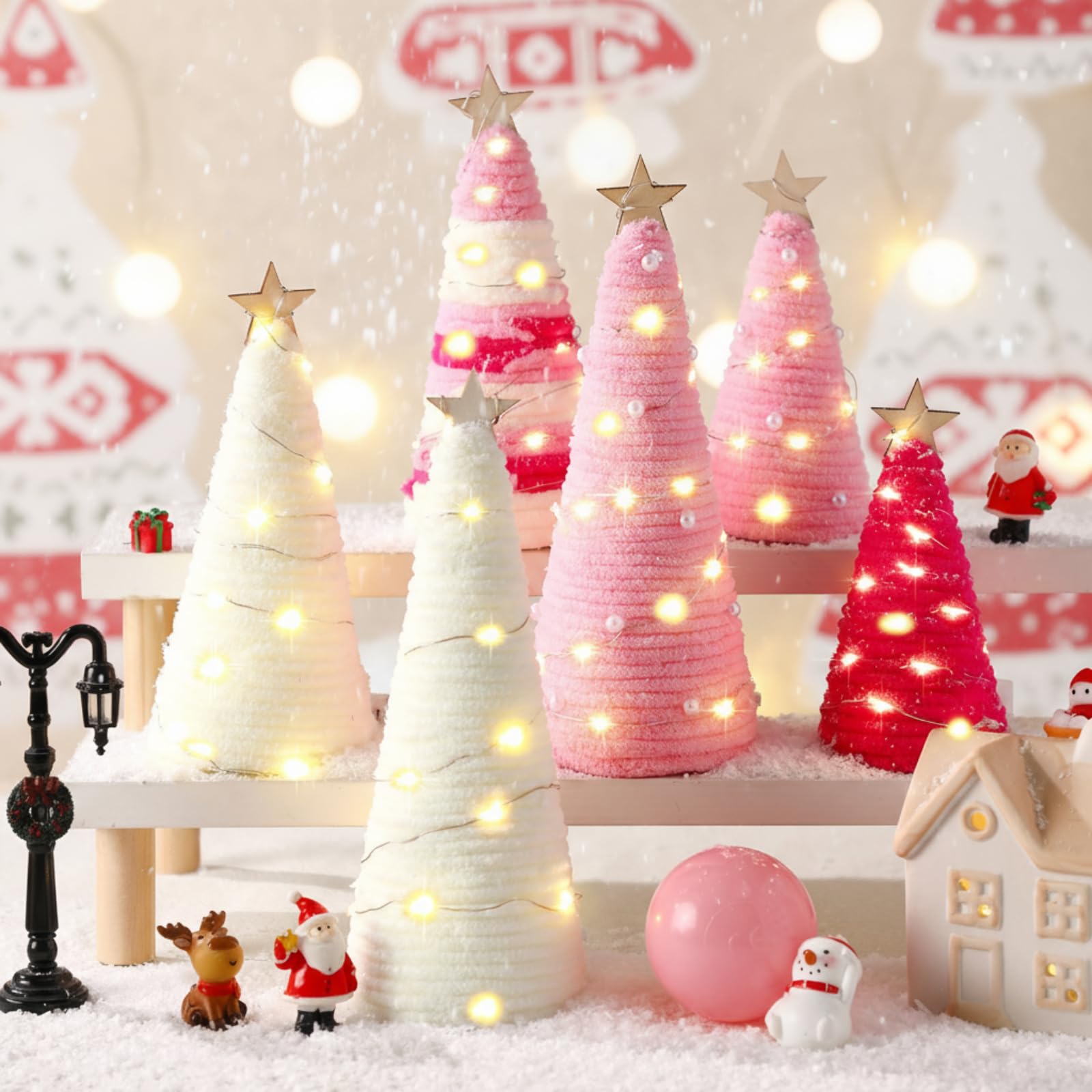 Photo 1 of **INCOMPLETE, SEE LIVE PHOTOS** Cinnvoice 6 Pcs Boho Christmas Yarn Tree Natural Christmas Tree Xmas Yarn Cone Pedestal Tree Decoration Farmhouse Christmas Tree Rustic Wool Tree Bottle Brush Tree Table Centerpiece Decor (Pink)