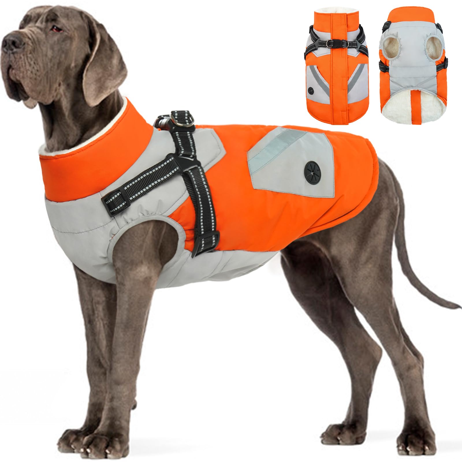 FUAMEY Dog Winter Jackets for Large Dogs,Dog Coat with Harness Built in,Waterproof Dogs Snowsuits Warm Pet Jacket Zip Up Fleece Cold Weather Coats Reflective Safety Pets Hunting Vest Orange 3XL Image