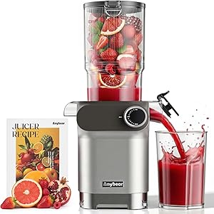 Anybear Entsafter, 200W Slow Juicer Kaltentsafter mit 110 mm großem Einfüllschacht für ganze Früchte/Gemüse | Upgraded Schnecke | Tritan-Material | BPA-frei | Inkl. Saftrezepte (Silbergrau)